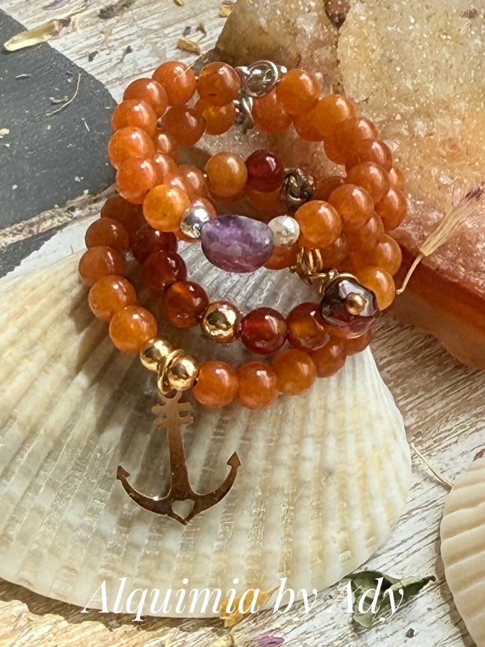 STACK + Orange carnelian Beaded Rings with Gold Anchor Accent